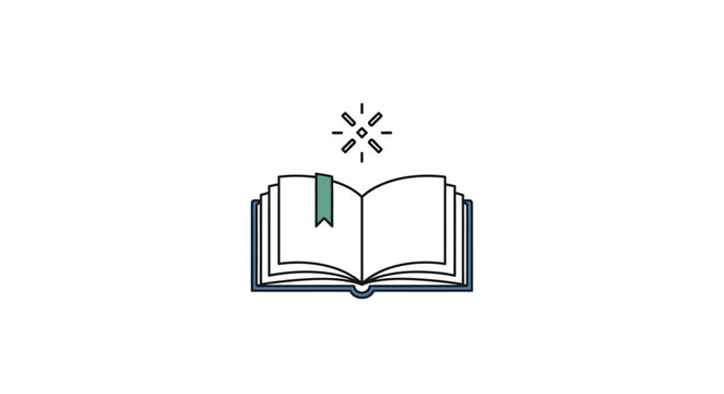 An open book with a green bookmark and a starburst above it.