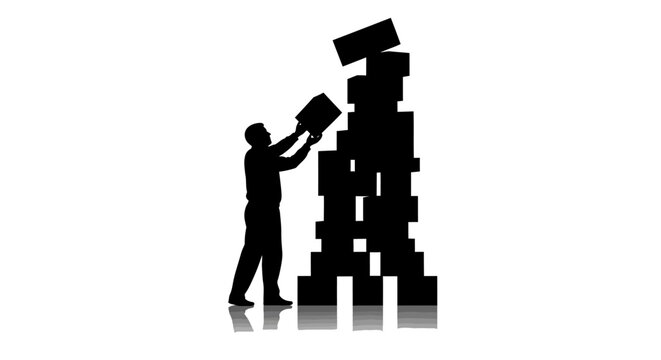 Minimalist vector graphic illustration featuring a male silhouette carefully placing a rectangular box onto a tall precarious stack representing business growth and modern professional logistics chall