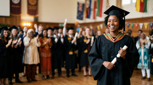 Smiling African American woman holding a diploma at a graduation ceremony. Happy black female student in academic gown and cap. University education success