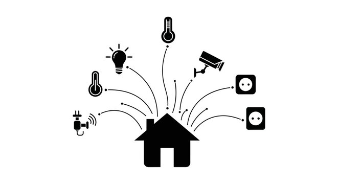 Smart home automation system with interconnected devices icons.