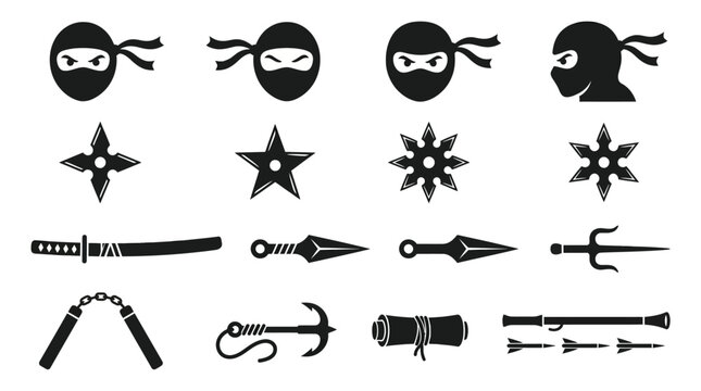 Set of monochrome ninja warrior equipment and weapon silhouettes.