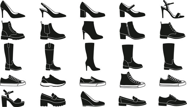 Shoe icons silhouette vector illustration featuring footwear motifs, decorative fashion designs, abstract style patterns, and modern trendy art