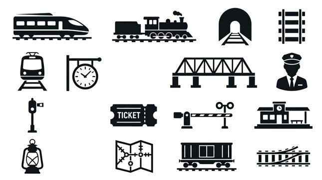 Set of railway and train transportation black silhouette icons.