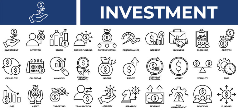Investment icon set collection. Containing increase, review, loss, profit, improvement, performance, planning .Line vector icons collection