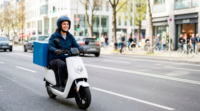 Smiling female courier riding a white electric scooter on a city street. Woman wearing a helmet driving with a blue delivery box in an urban environment