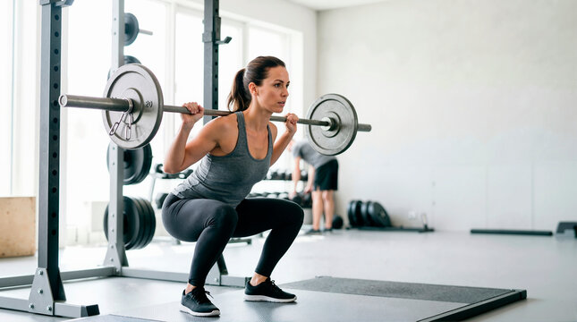 Fit woman performing barbell back squat in a modern gym. Female athlete lifting heavy weights in a squat rack during a strength training workout