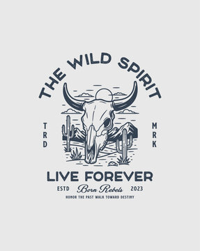 The Wild Spirit Live Forever Skull Illustration.