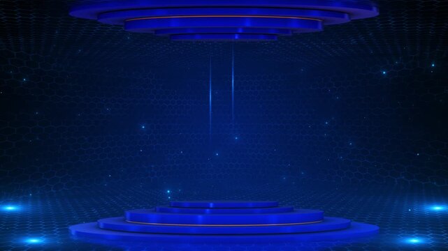 Blue futuristic stage platform background glowing podium, hexagon wall, soft particles, cyber space. technology videos, product reveals, event intros, virtual sets, award screens, and digital overlays