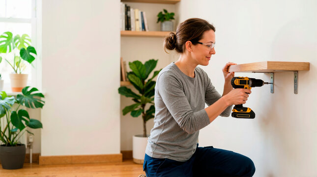 Smiling woman wearing safety glasses using a power drill to install a wooden shelf. Happy female doing DIY home improvement and carpentry work in a bright room