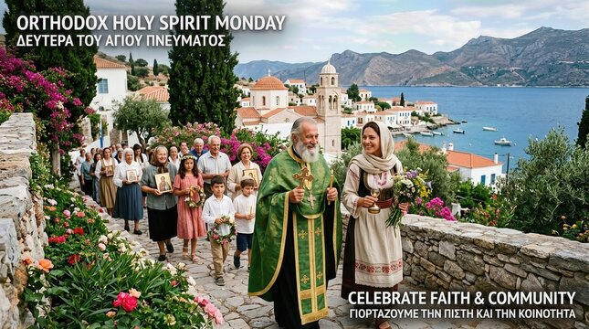 Orthodox Christian faithful observe Holy Spirit Monday procession, celebrating spiritual devotion, community gathering, historic village, coastal island, cultural tradition.