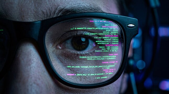 Intense close-up of a person's eye through thick black-rimmed glasses vividly reflecting scrolling lines of neon green and pink code.