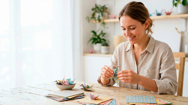Smiling woman folding colorful patterned paper into origami cranes. Female adult enjoying a creative handmade craft hobby at a wooden table in a bright room