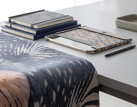 A still life on a rustic wooden desk. A vintage teapot is constructed entirely from meticulously layered old book pages
