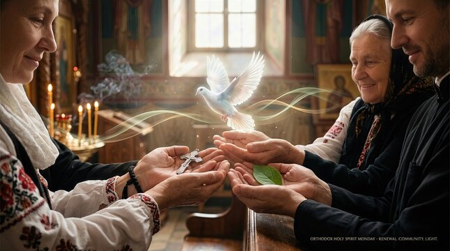 Orthodox faithful observe sacred Pentecostal feast, symbolizing divine spirit descent, spiritual renewal, community unity, communal blessing, heavenly illumination, ancient religious tradition.