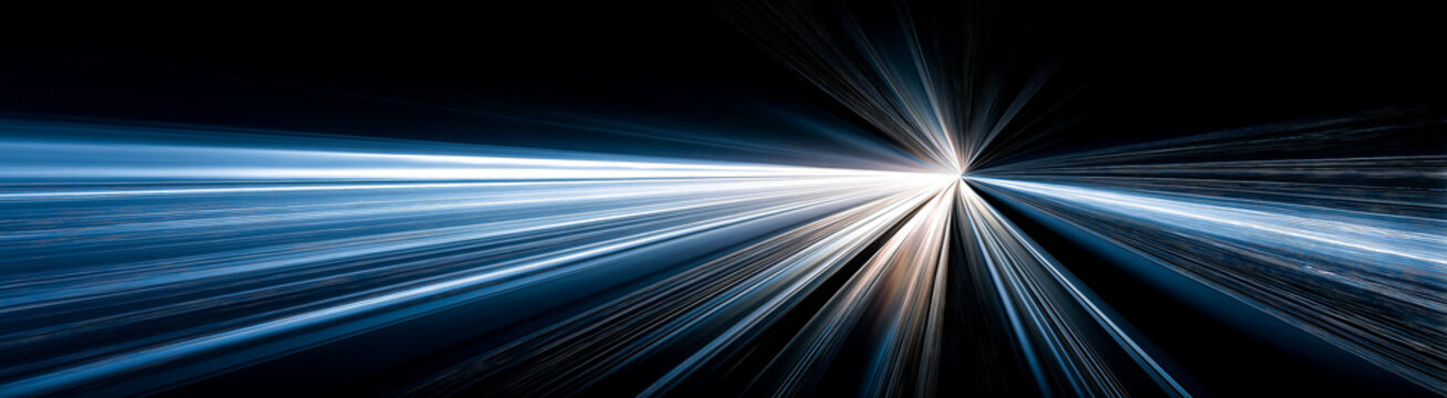 High speed data tunnel with light trails converging to vanishing point