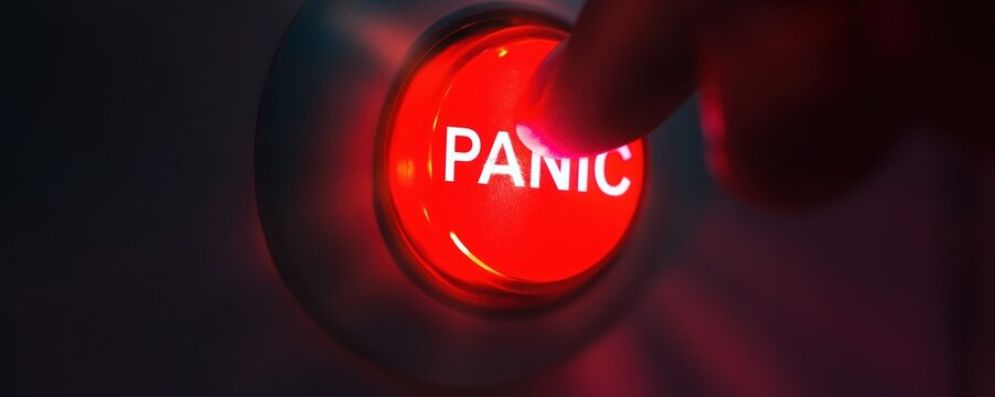 A close-up of a finger pressing a red panic button on a control panel. Dramatic lighting and shadows amplify the sense of emergency and stress in this urgent scene.