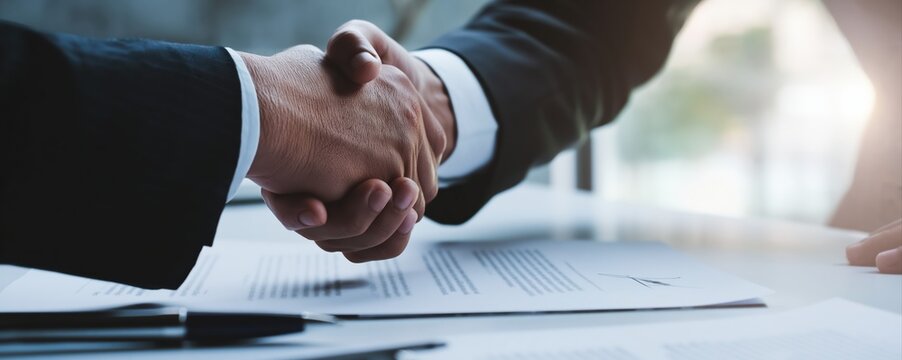 Two executives shake hands after signing a business contract in a bright, modern office. The image captures trust, partnership, and successful agreement.
