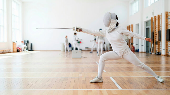 Female fencer in white uniform and mask executing a lunge attack. Athlete practicing with a foil sword on a wooden floor in a bright gymnasium
