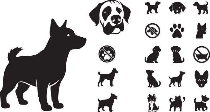 Dog breed and pet care icon collection with training