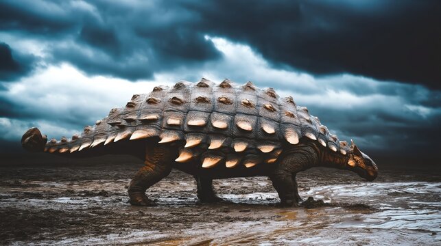 A heavily armored ankylosaurus moves across a muddy prehistoric terrain. Dramatic lighting and dark clouds highlight the dinosaur's unique protective plates.
