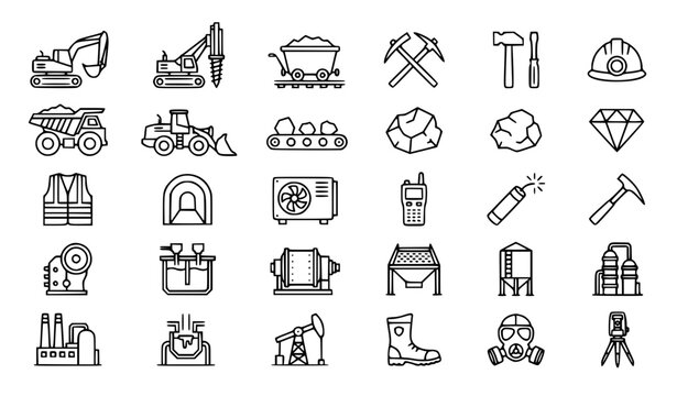 Mining and mineral industry outline icon set with excavation tools gold diamond and editable stroke vector collection