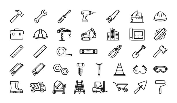Construction and tools outline icon set with building equipment repair and editable stroke vector collection