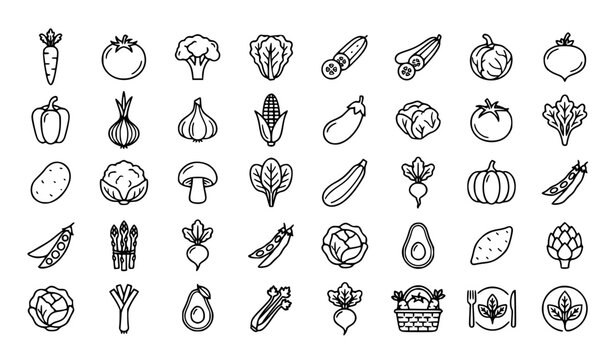 Vegetables and organic food outline icon set with farm produce healthy nutrition and editable stroke vector collection