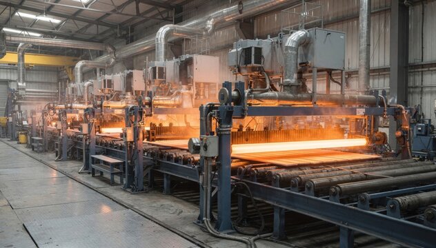 Medium shot of plate cooling beds and bar coolers equipped with heat recovery units illustrating sustainable energy reuse in metal processing plants.