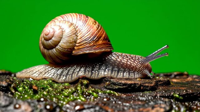 Close-Up Of A Snail Gliding Over A Log With A Vibrant Green Background, Showcasing Its Unique Shell Patterns And Antennae In Stunning Detail