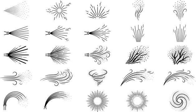 Twenty-five abstract vector illustrations in grid, showing bursts, swirls, sprays, spirals, and dynamic motion effects
