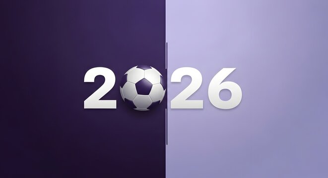 2026 year with soccer ball replacing zero on purple background.