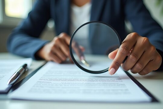 Black Businesswoman Inspecting Contract Form with Magnifying Glass in Corporate Office Setting