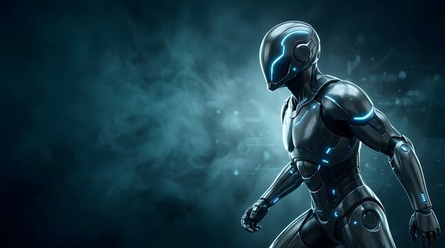 Robot Futuristic Android Ready for Battle in a Dark Environment