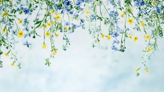 Delicate strands of blue and yellow wildflowers with green stems cascading down against a soft, blurred light blue background, gentle tranquility and natural beauty, floral, and serene themes.