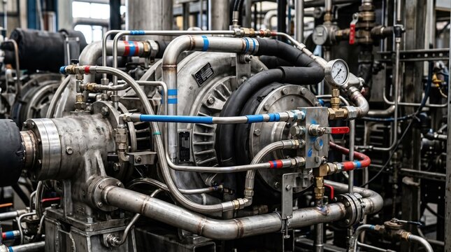 Closeup medium shot of watercooled aftercooler piping integrated around compressor core highlighting coolant flow connections and thermal regulation in mechanical systems.