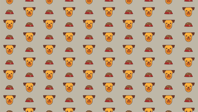 Seamless pixel art pattern of cute dog heads and food bowls for pet shop branding and wallpaper