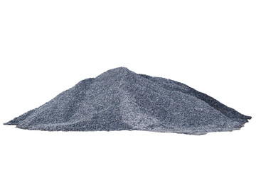 Obraz premium Large pile, crushed stone gravel isolated on transparent background. Heap of dark grey rock pebbles for construction, road building,landscaping material. Industrial aggregate mineral resource.