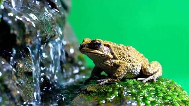 Close-Up Of A Vibrant Frog Perched On A Mossy Rock Beside A Small Waterfall Against A Vivid Green Background