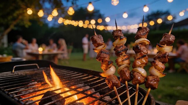 Grilled meat skewers over flaming barbecue at an evening backyard gathering with warm string lights and festive outdoor atmosphere.