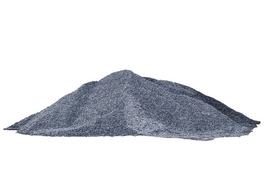 Large pile, crushed stone gravel isolated on transparent background. Heap of dark grey rock pebbles for construction, road building,landscaping material. Industrial aggregate mineral resource.