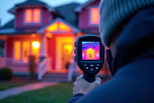 A person using an infrared thermal camera to detect heat loss outside a house in a close-up photo.