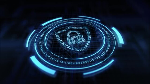 Cybersecurity data protection shield animation with digital lock icon, secure network encryption, safe online technology background, cyber defense system visualization video