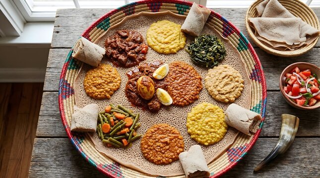 Traditional Ethiopian Injera platter with various stews, authentic African cuisine served on a colorful woven mesob, spicy doro wat and vegetable sides