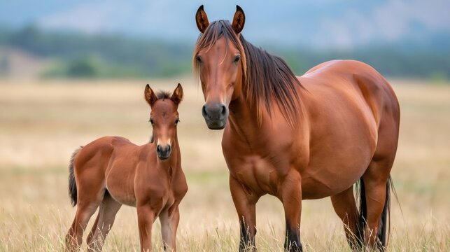 Wild mare and foal standing in meadow