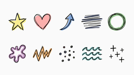 Fototapeta premium A colorful icon pack of various shapes and symbols on a white background for design.