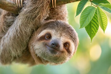 Fototapeta premium Sloth smiling while hanging upside down in rainforest