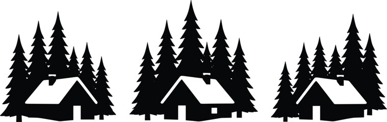 Fototapeta premium Cabin icons silhouette vector illustration featuring rustic motifs, decorative forest designs, abstract mountain retreat patterns, and modern woodland art