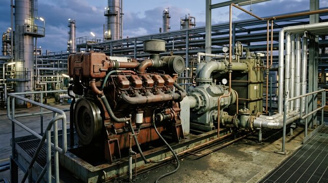 Medium shot of enginecoupled chiller system at a refinery showcasing heavyduty cooling technology essential for safe chemical processing.
