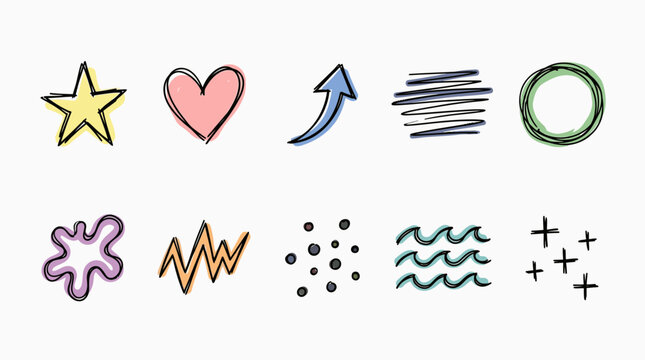 A colorful icon pack of various shapes and symbols on a white background for design.