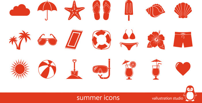 Red summer holiday icons beach accessories tropical elements and weather symbols.